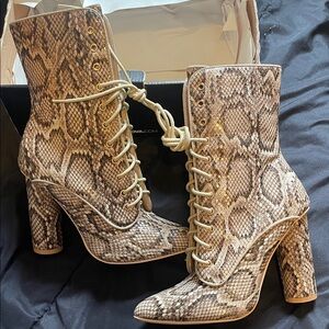 Fashion Nova Tan Snake Print Lace-Up Boots